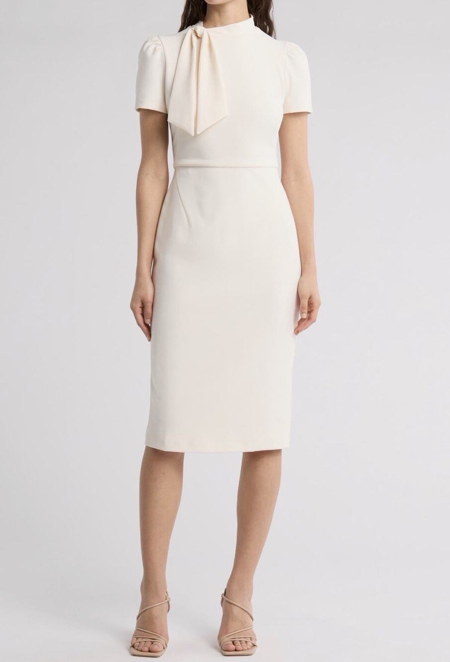 New Maggy London Ivory Tie Neck Puff Sleeve Crepe Dress 6 NWT Capsule Office